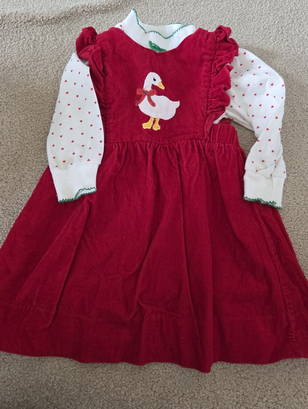 Vintage Sears Toddler Girls Dress 2T Goose Embroidered Corduroy Cottagecore 80s